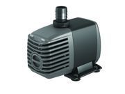 Black and gray compact water pump with vented front and top hose connector on white background
