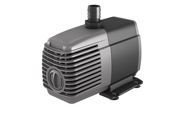 Black-and-gray water pump with ribbed housing and top outlet fitting