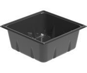 Black plastic utility tub with square rim and tapered sides on a white background