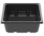 Black plastic food tray with three compartments and ribbed interior