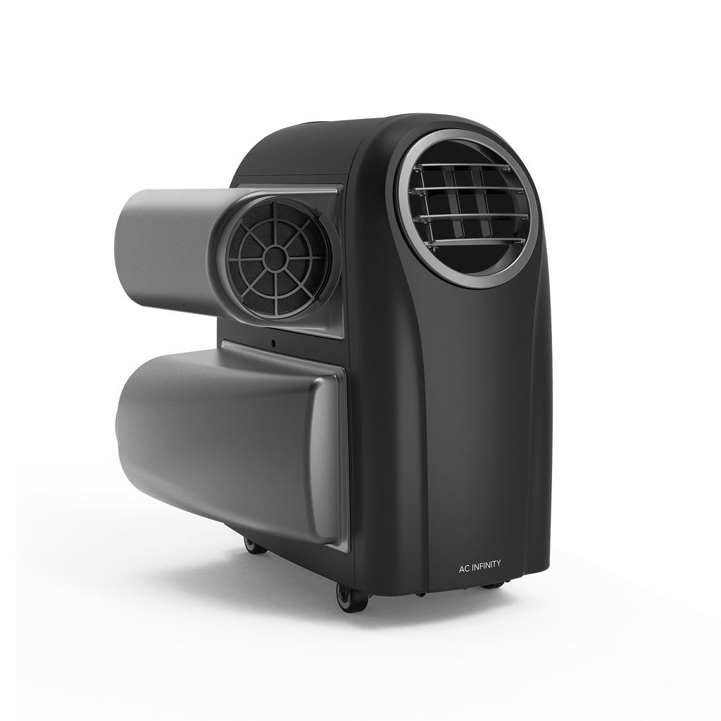 Portable air conditioner with black body, silver side vents, and a small display panel