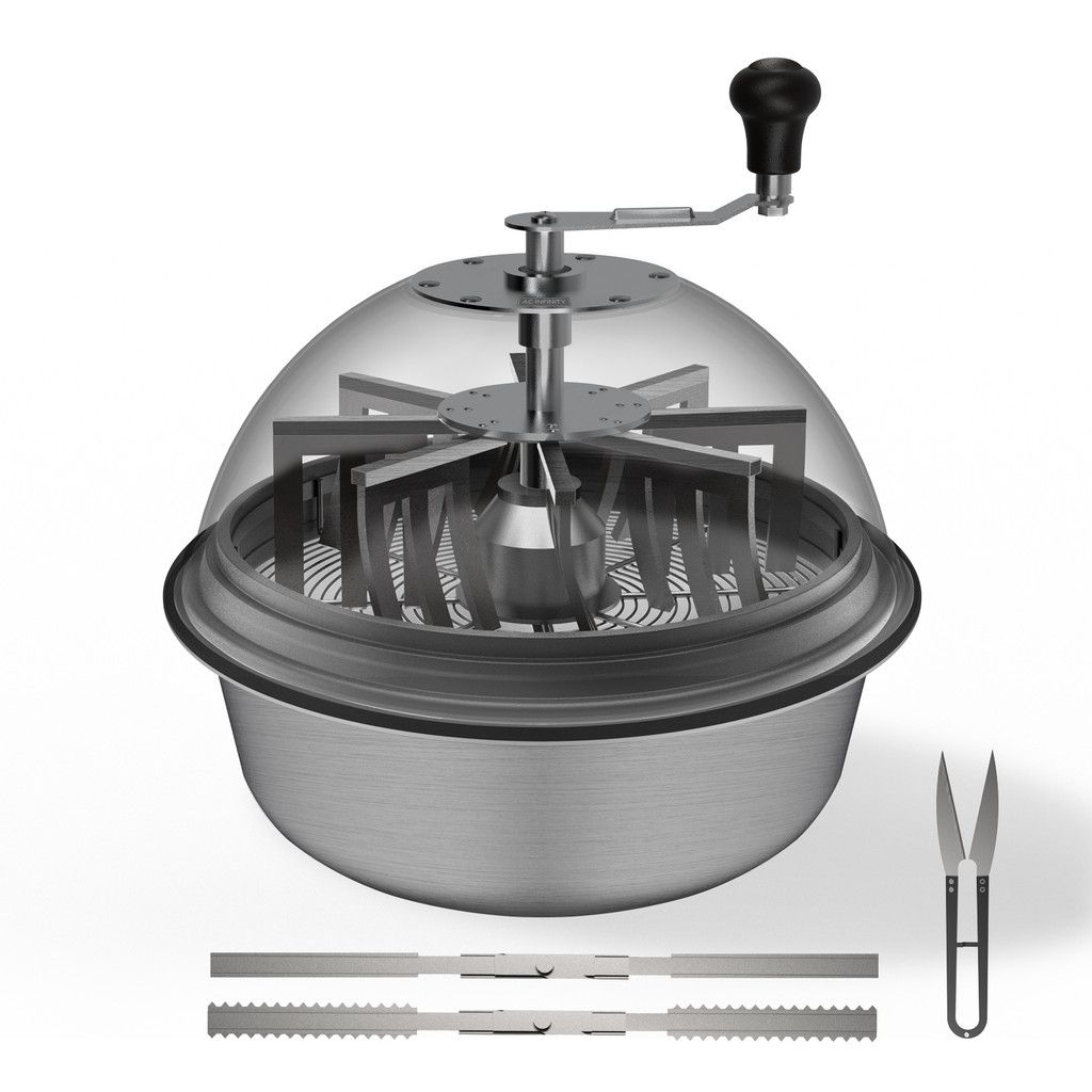 Stainless steel salad spinner with clear lid, hand crank, and two removable blade attachments.