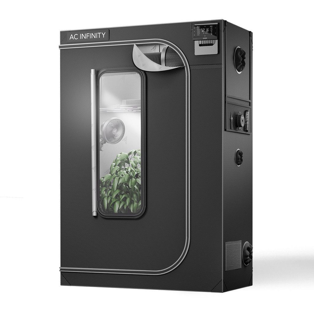 Black portable grow tent with window, showing indoor plants inside