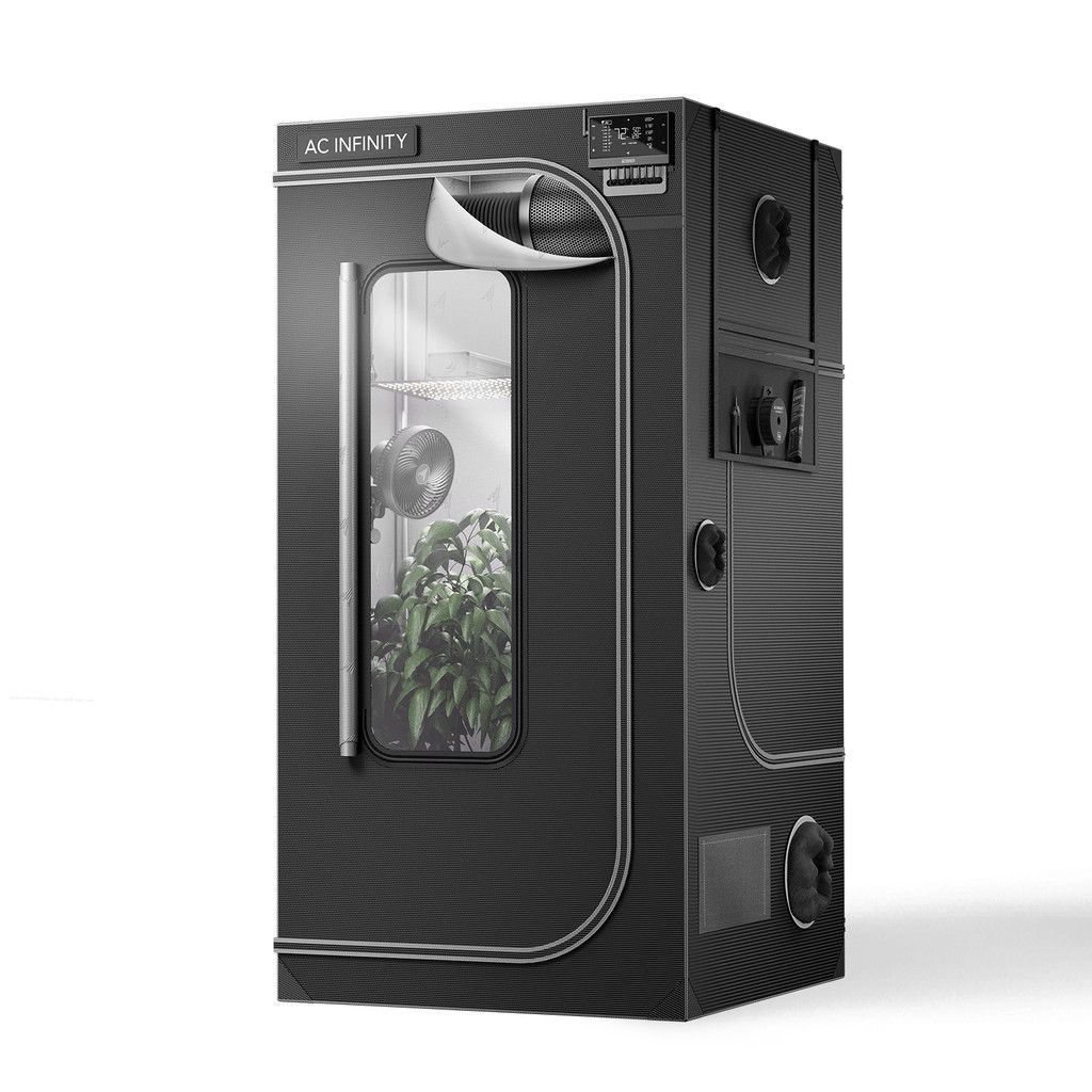 Black portable grow tent with clear window and visible plants inside