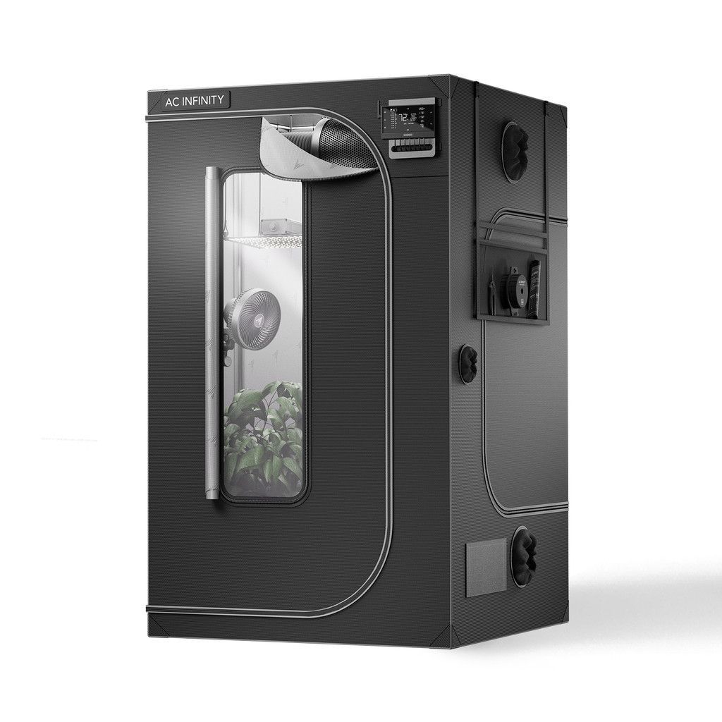 Black vertical grow tent with clear front window and top ventilation ports
