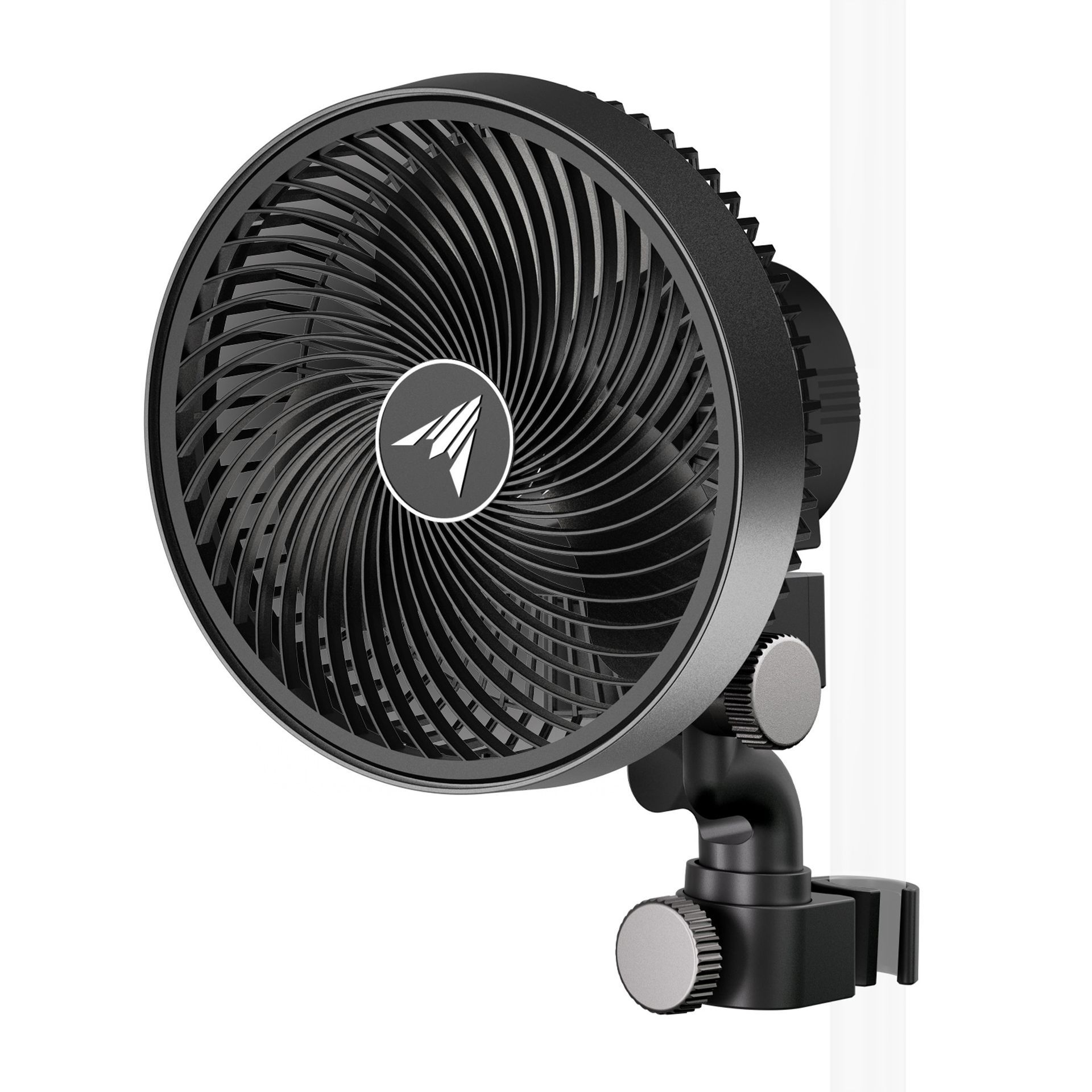 Black clip-on desk fan with adjustable mount and front grille, shown on a white background