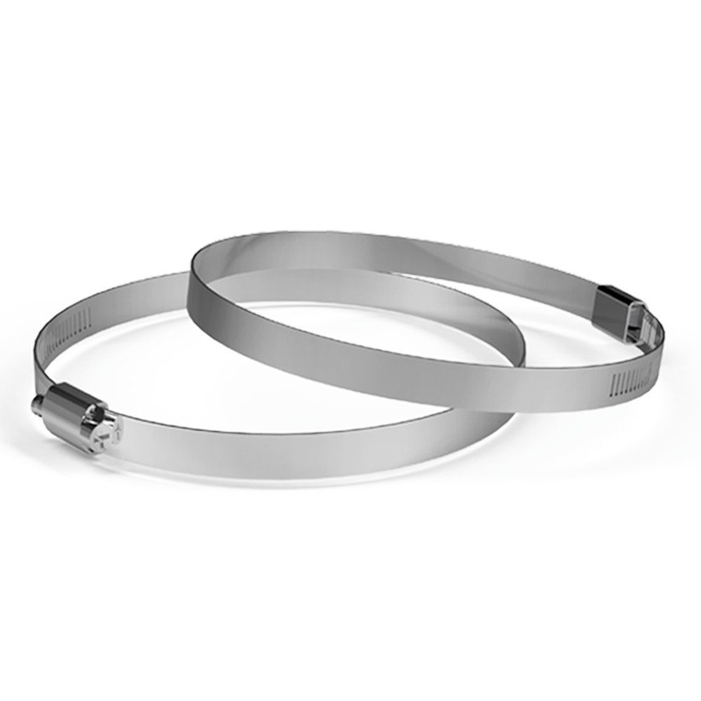 Two silver metal hose clamps on a white background