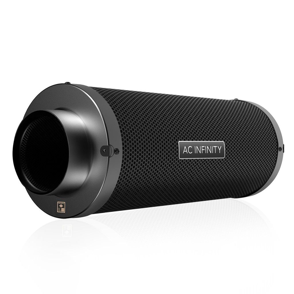 Black cylindrical speaker with textured grille and flared front opening on a white background