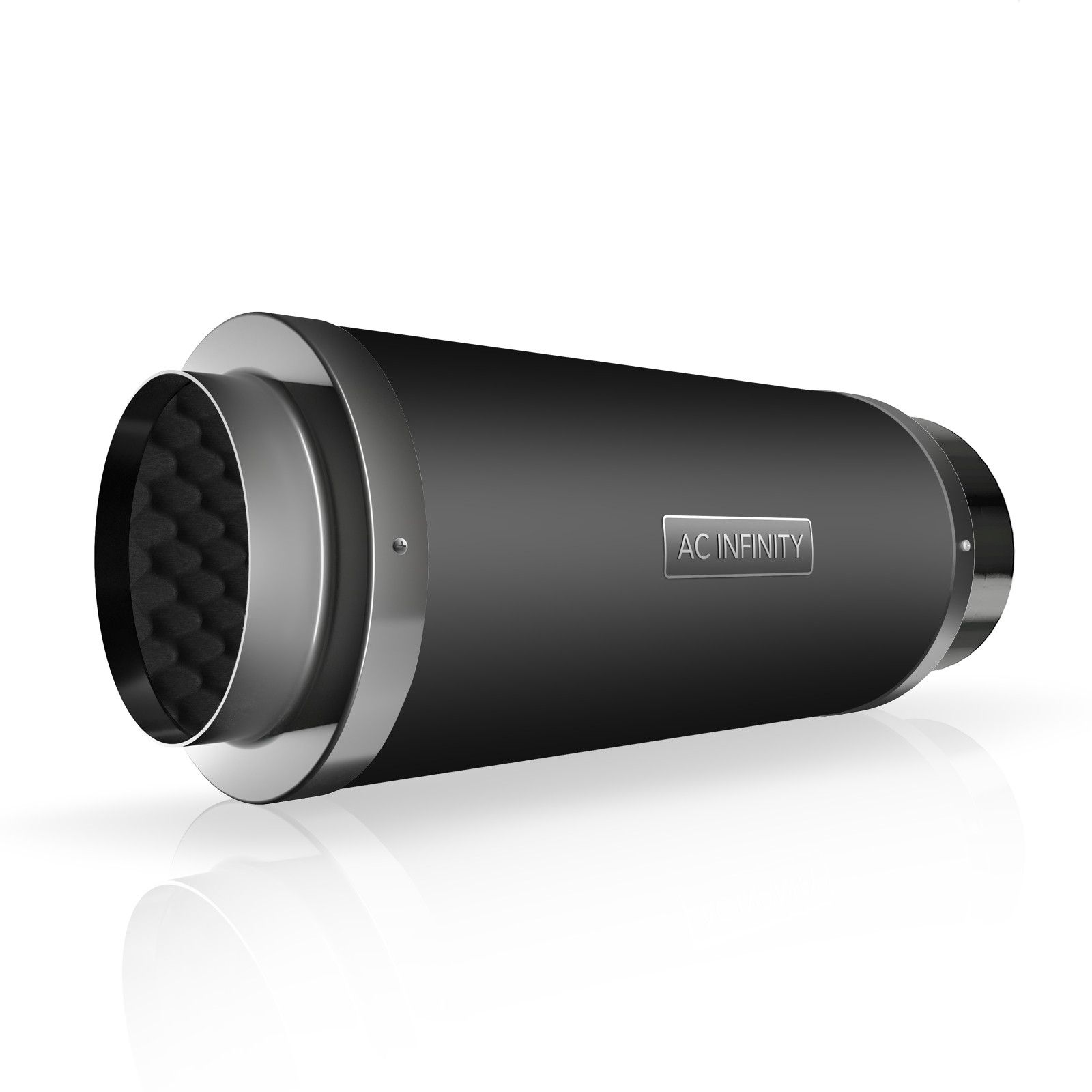 Black cylindrical speaker or microphone with silver front grille on a white background