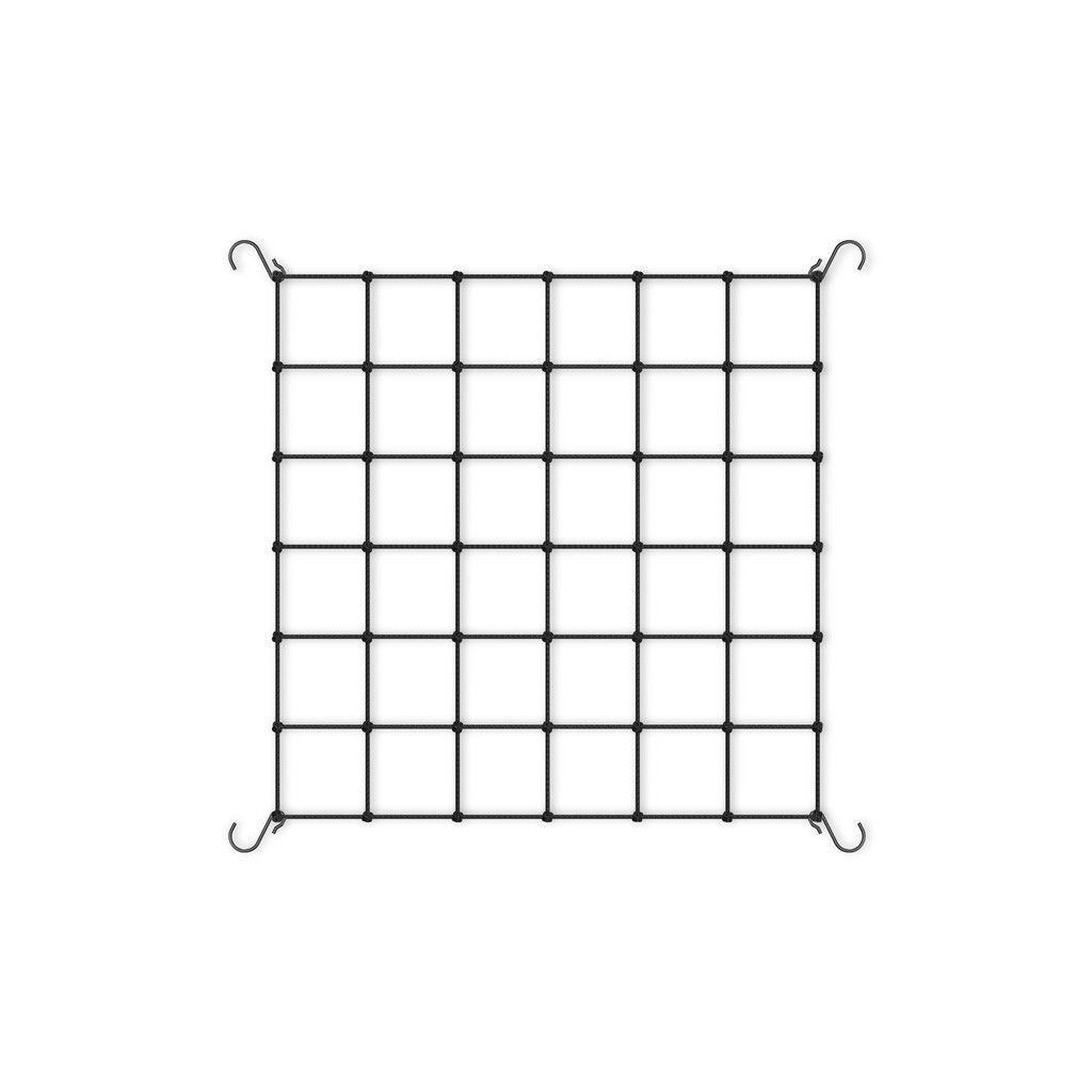 Black wire grid with curled corner hooks on a white background