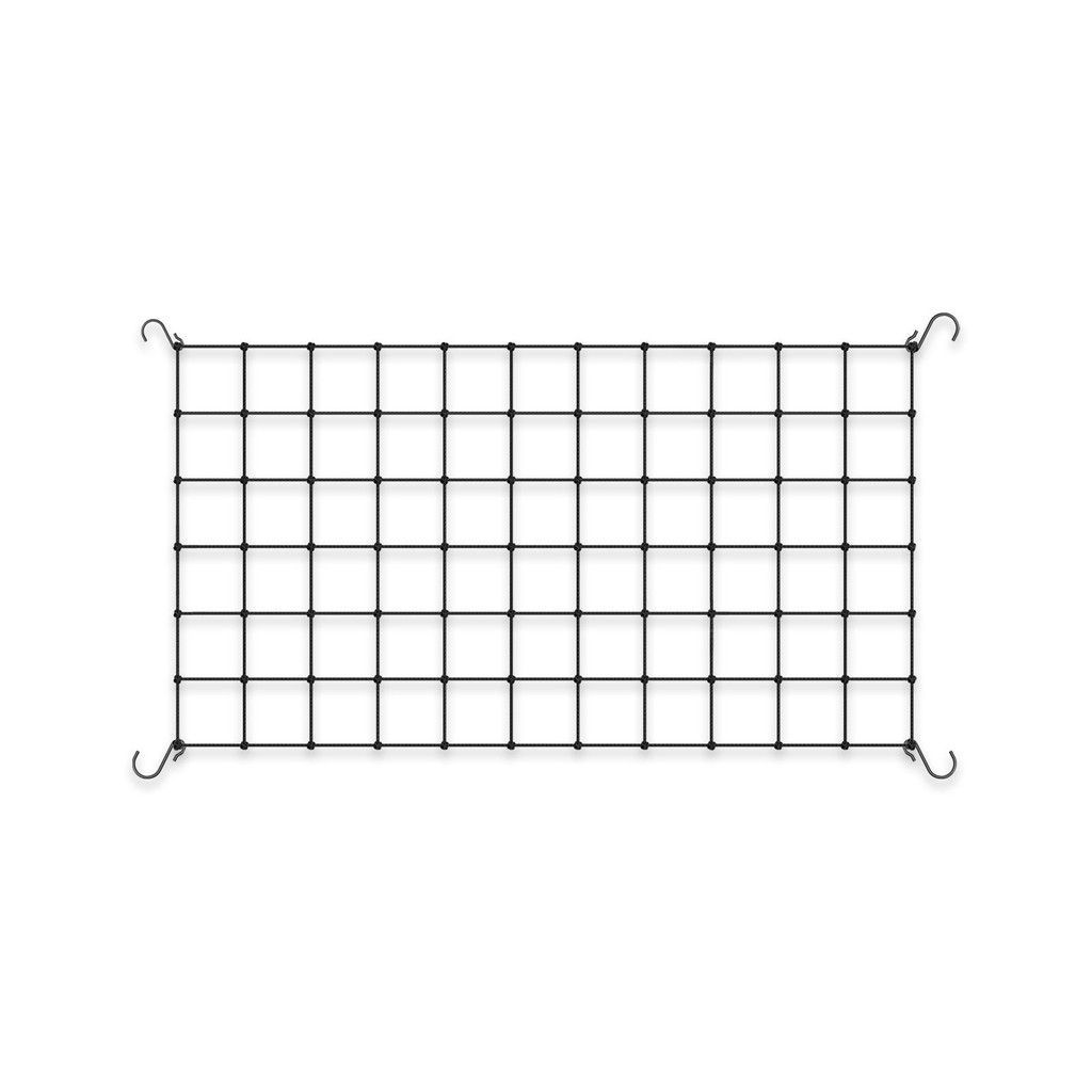 Rectangular black wire mesh with hooked corners on a white background