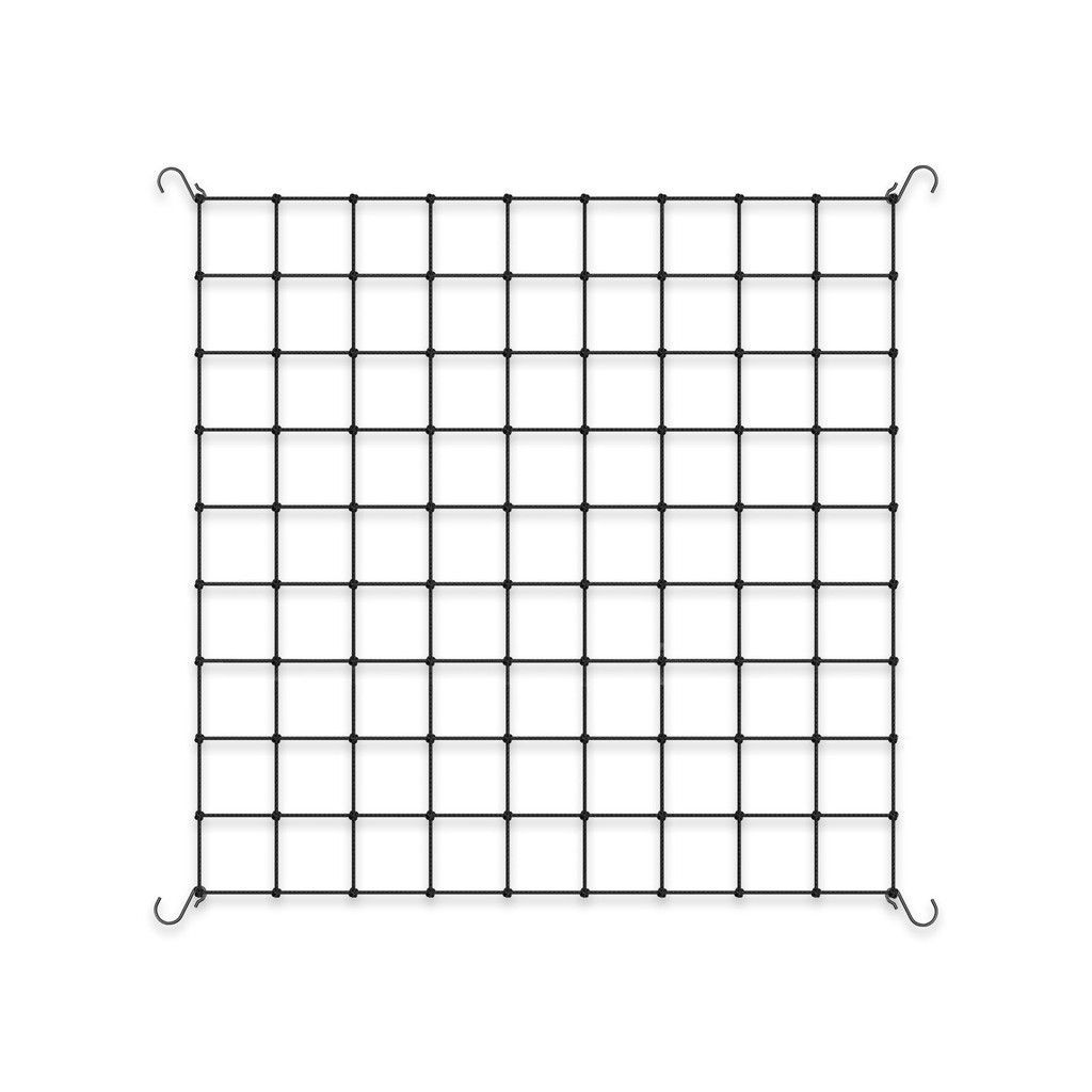 Black wire grid panel with small hooked corners, centered on a white background.