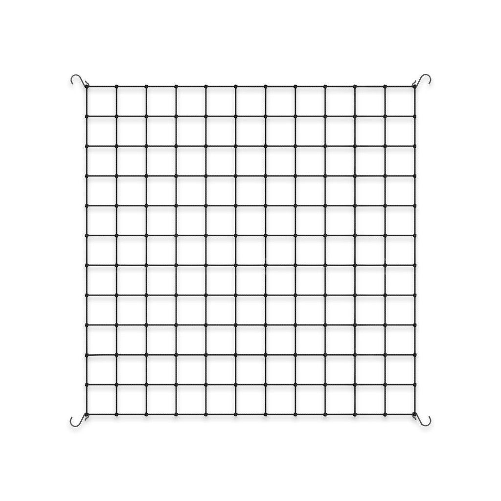 Black wire grid square with curled corner hooks, centered on a white background.