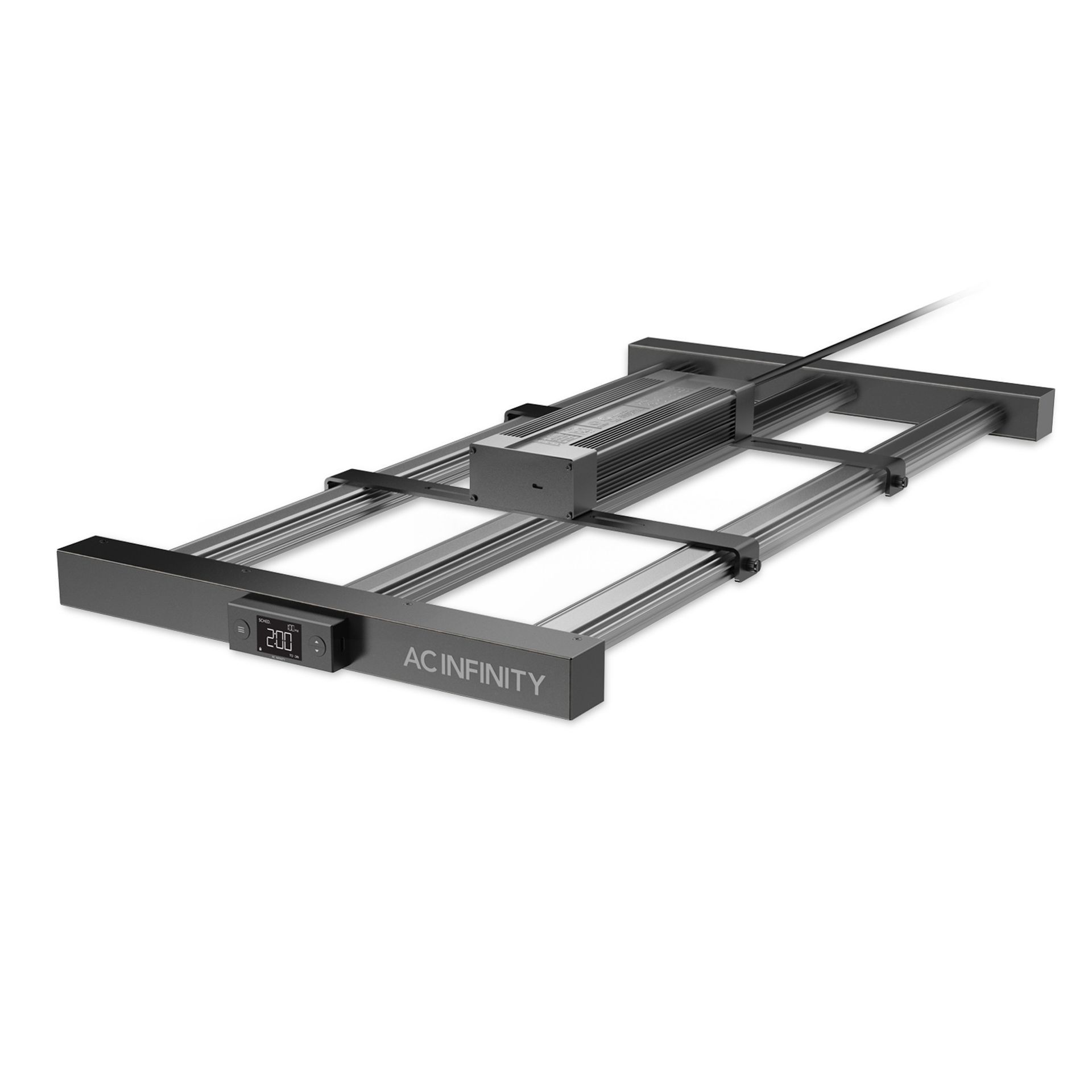 Black linear actuator rail with central carriage on white background