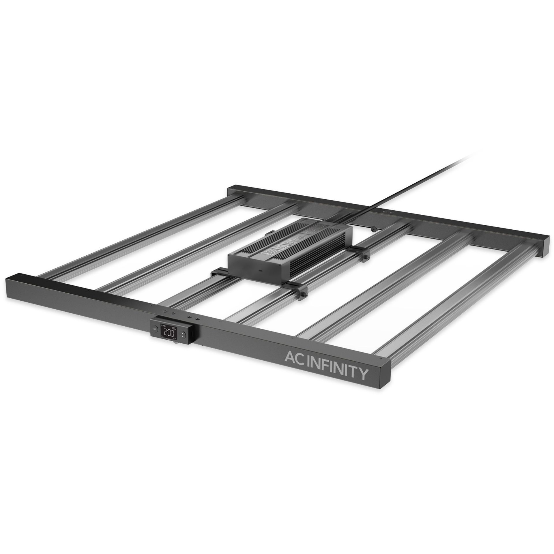 Gray AC Infinity adjustable vented panel with rails and cable, shown on a white background