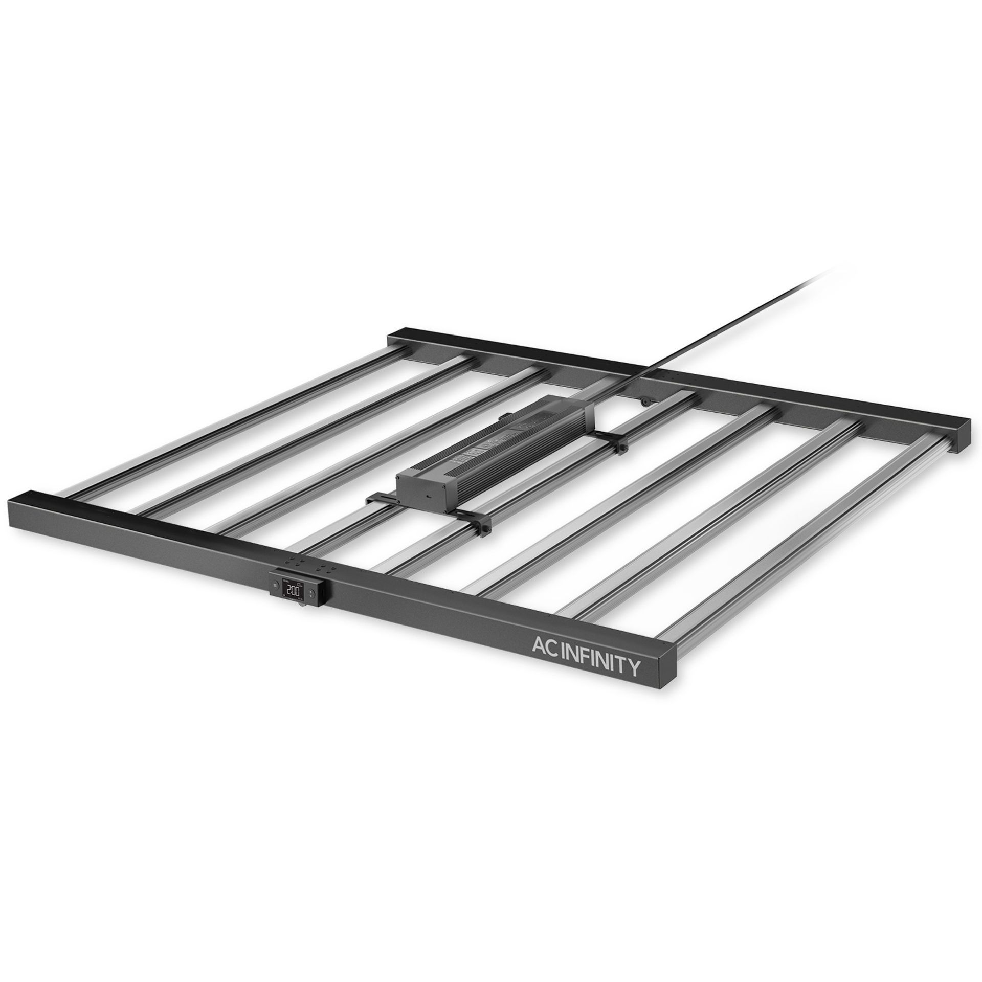 Black metal adjustable bed frame on white background, angled view with power cord