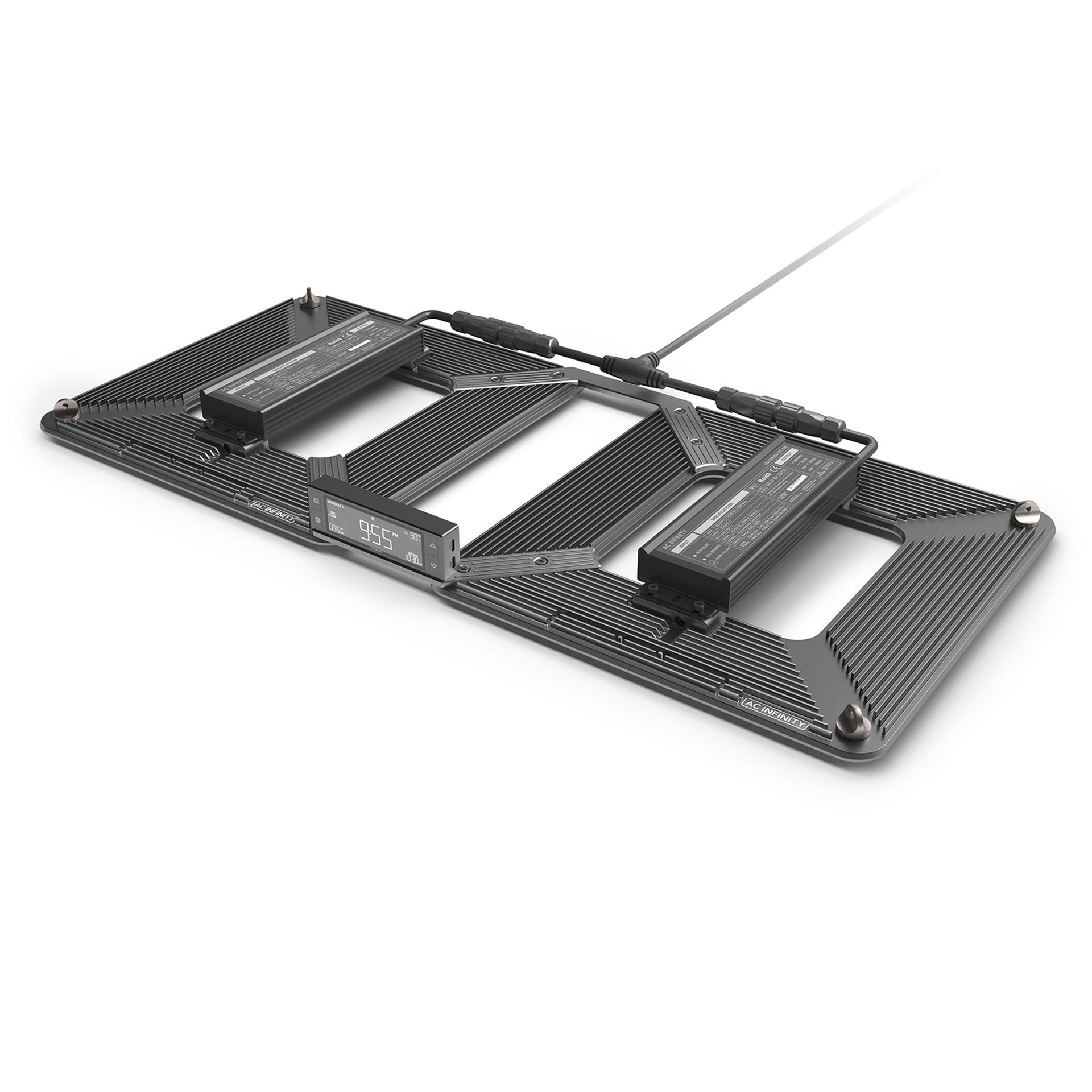 Black rectangular wheeled sled with metal rails and a tow pole on a white background