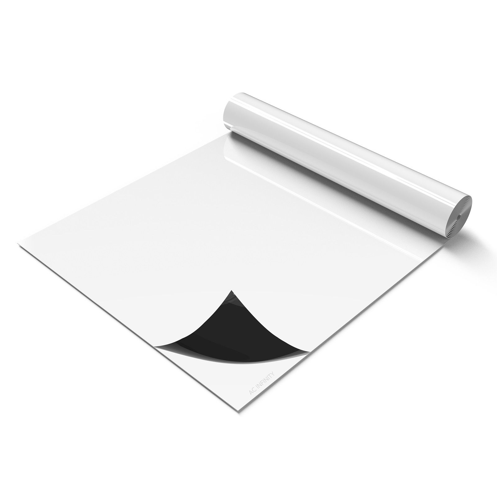White adhesive sheet with a rolled-up corner on a plain background