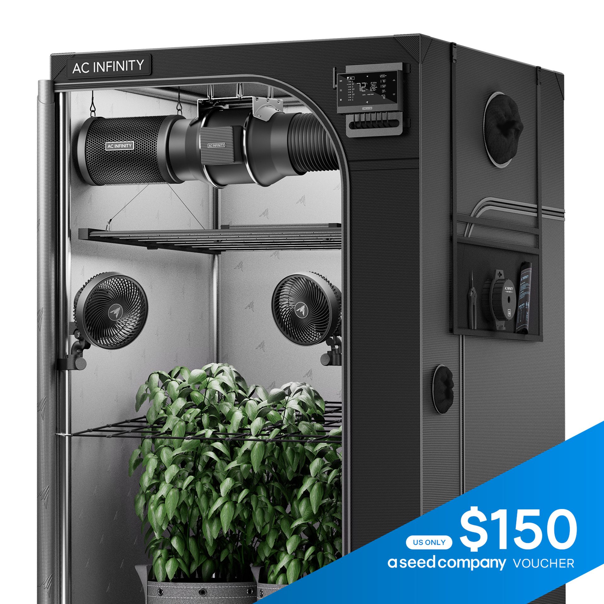 Black indoor grow tent with lights, fans, and a potted plant; $150 price tag.