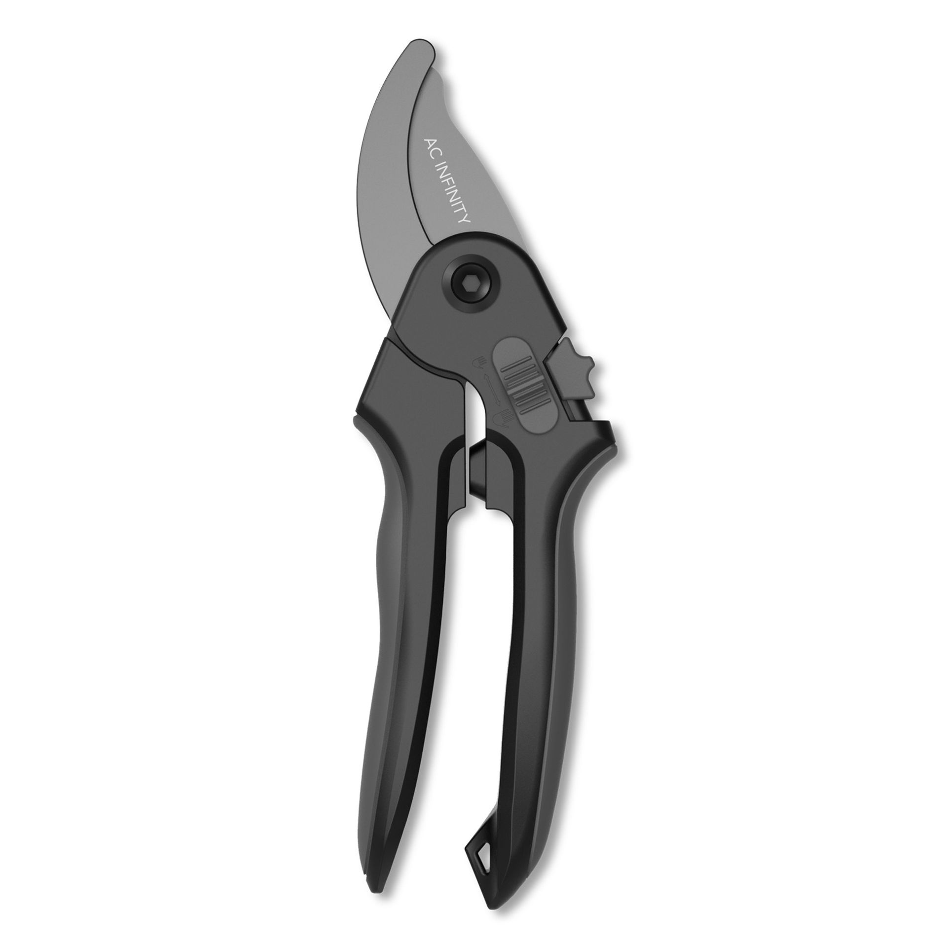 Black pruning shears with curved silver blade on a white background