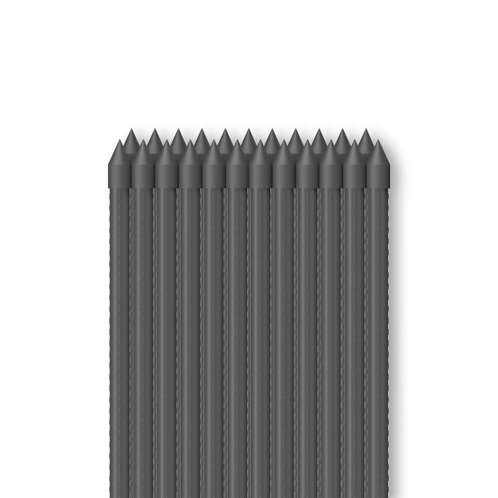 Gray sharpened pencils bundled tightly together in a vertical row on a white background
