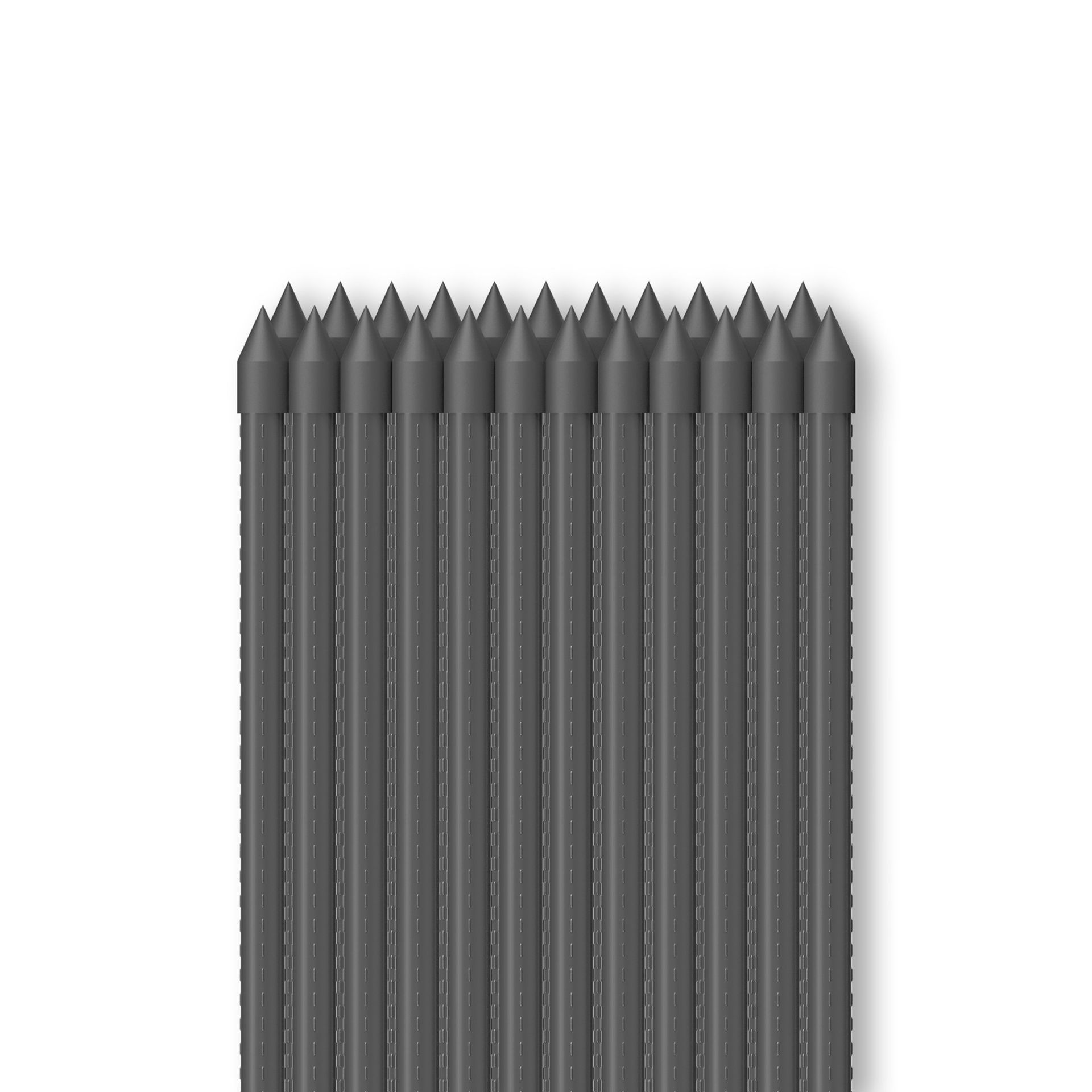 Row of gray sharpened pencils standing upright with pointed tips aligned