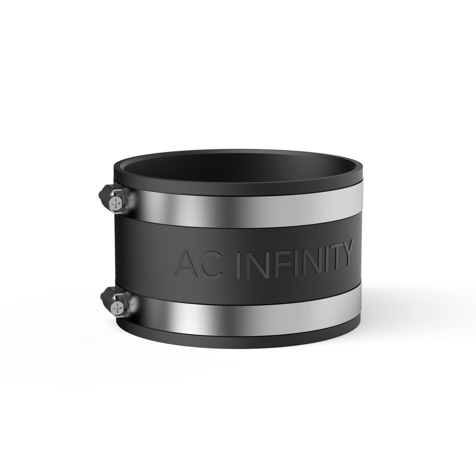Black cylindrical pipe clamp with silver bands and screws, labeled AC INFINITY, on a white background