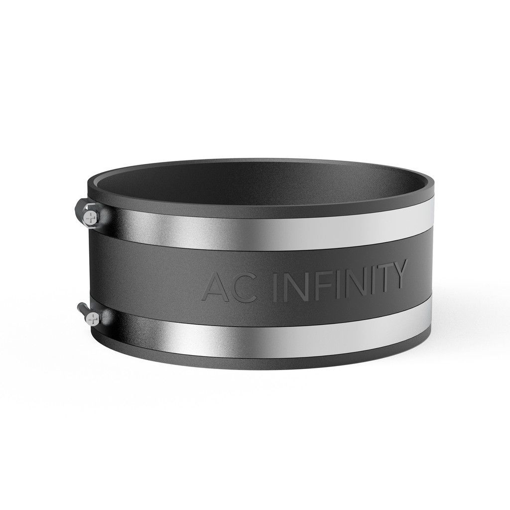 Gray metal pipe clamp with two silver bands and bolts on a white background