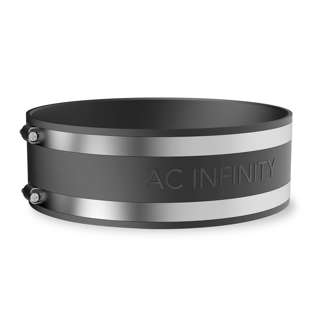 Black and silver cylindrical metal band clamp with AC Infinity branding