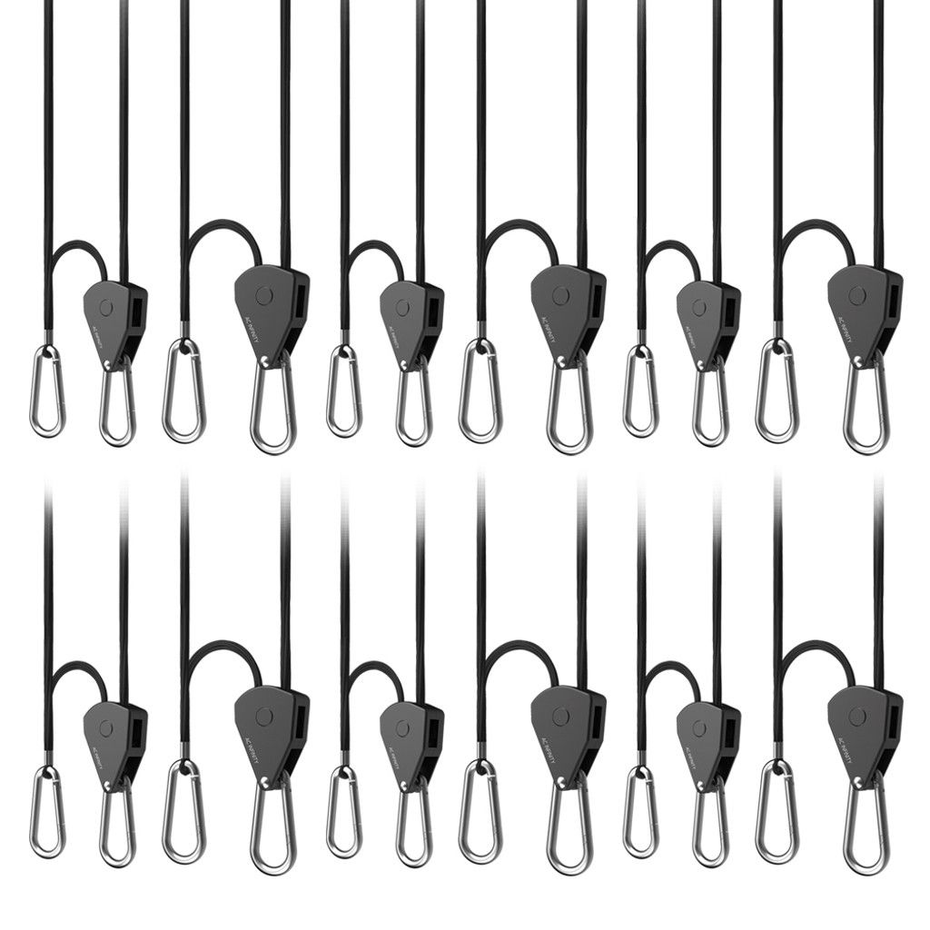 Two rows of black metal clips hanging vertically on cords, arranged in a repeating pattern.