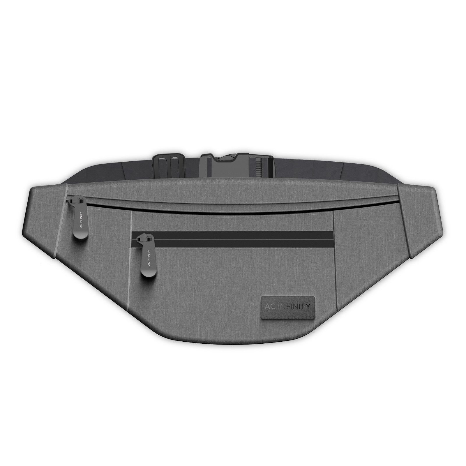Gray waist bag with front zipper pocket and adjustable strap on a white background