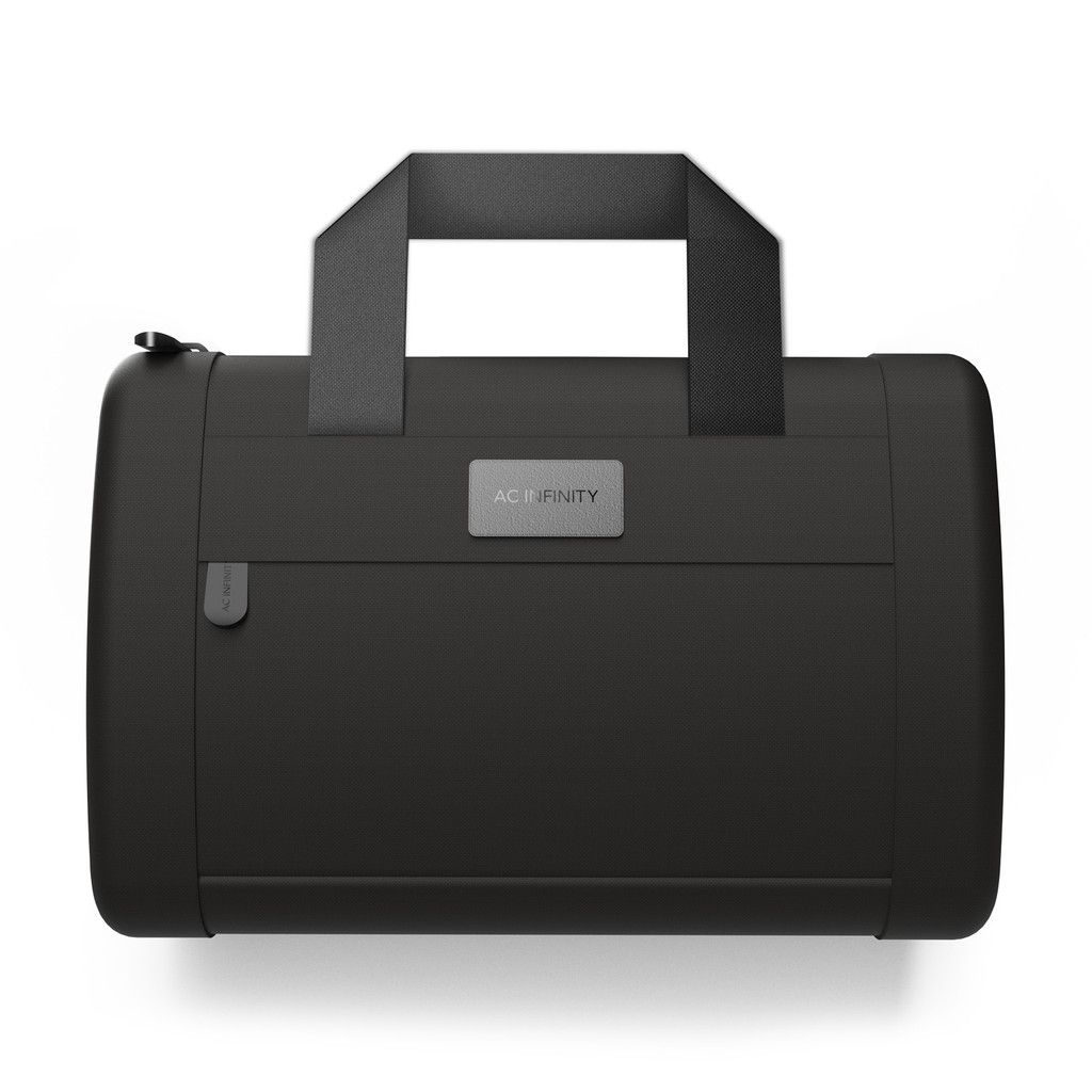 Black duffel bag with a top handle and front zipper pocket on a white background