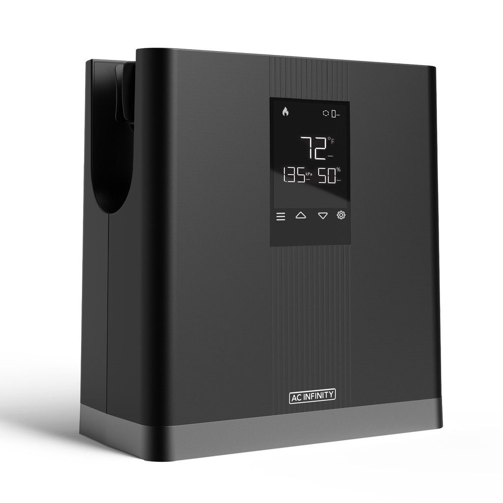 Black wall-mounted electronic device with a digital display and indicators