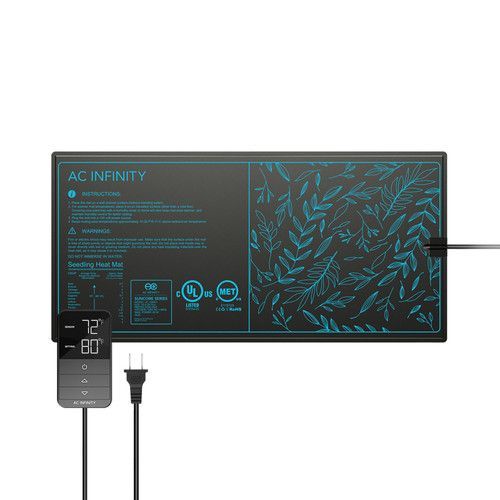 AC Infinity black LED grow light with blue leaf pattern and power cable attached