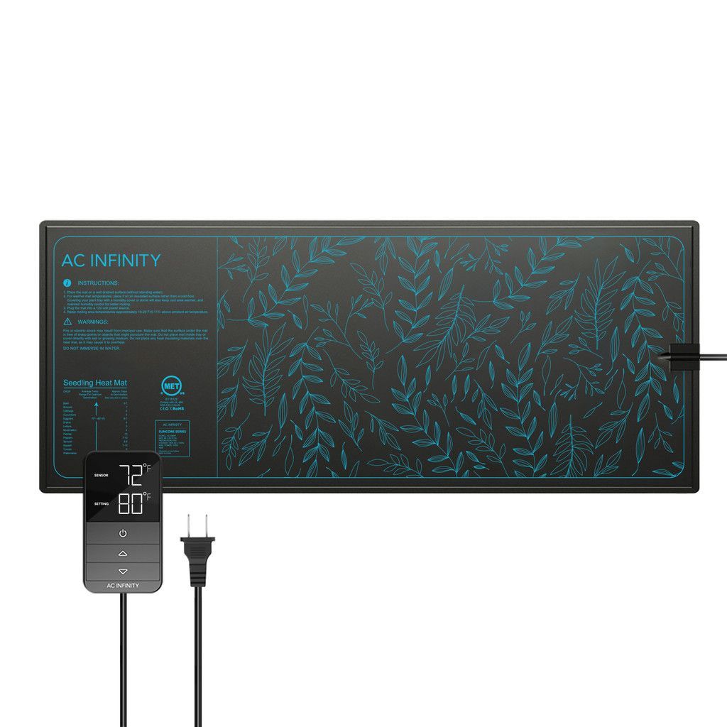 AC Infinity black LED grow light panel with teal pattern and attached power cord