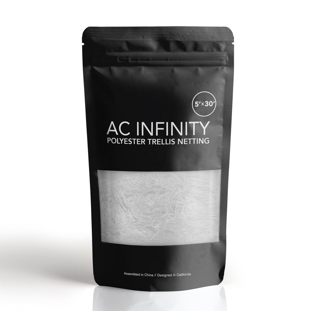 Black and silver pouch labeled “AC INFINITY” with a clear window showing white polyester trellis netting.