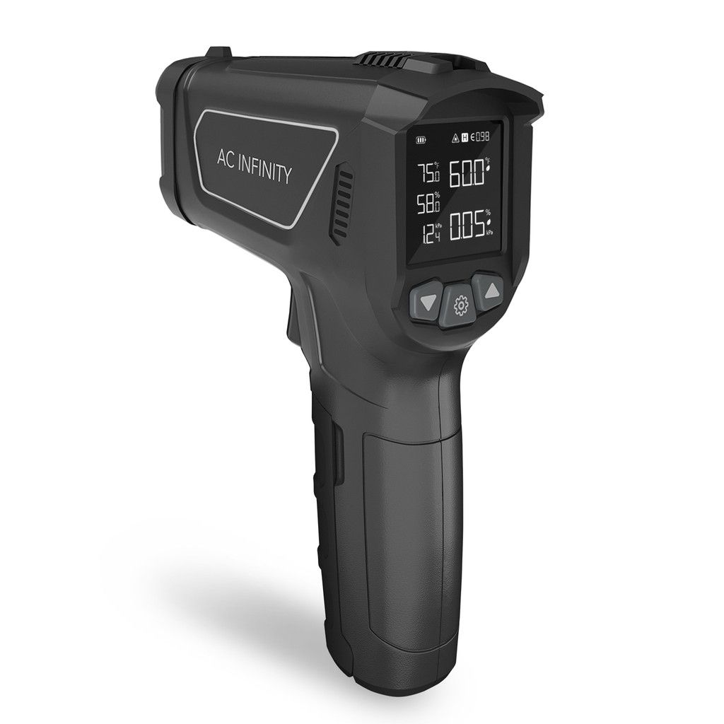 Black handheld infrared thermometer with digital display and trigger