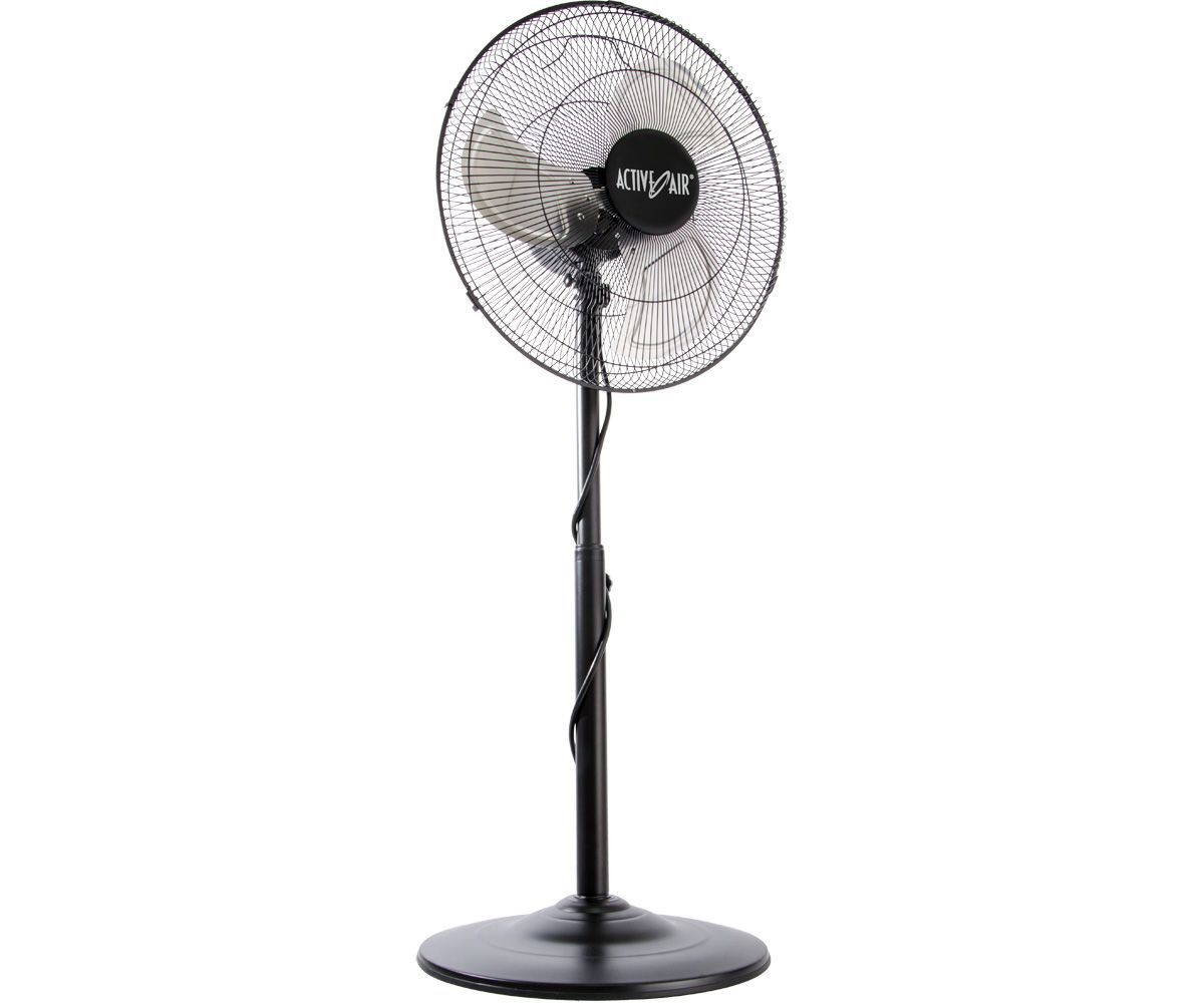Black pedestal fan with three blades and round mesh guard on a stand with circular base.