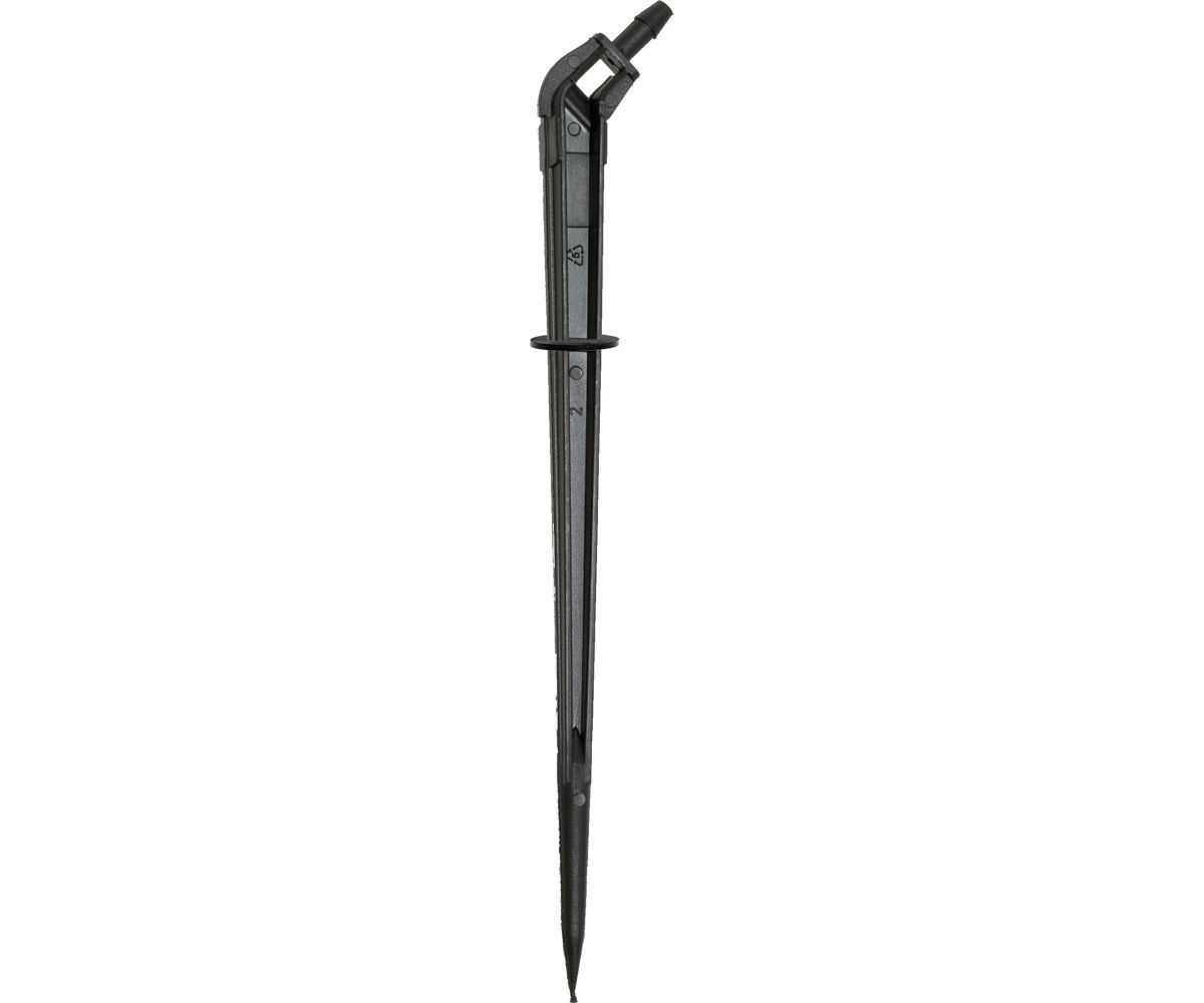 Black irrigation stake with angled top and spike bottom on white background
