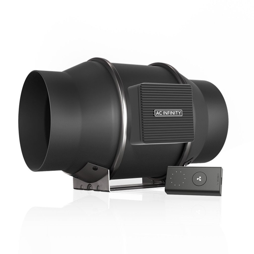 Black cylindrical duct fan or inline ventilation unit on white background