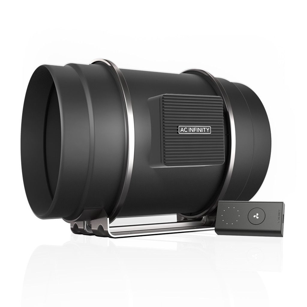Black cylindrical portable fan or blower with a control panel on a white background