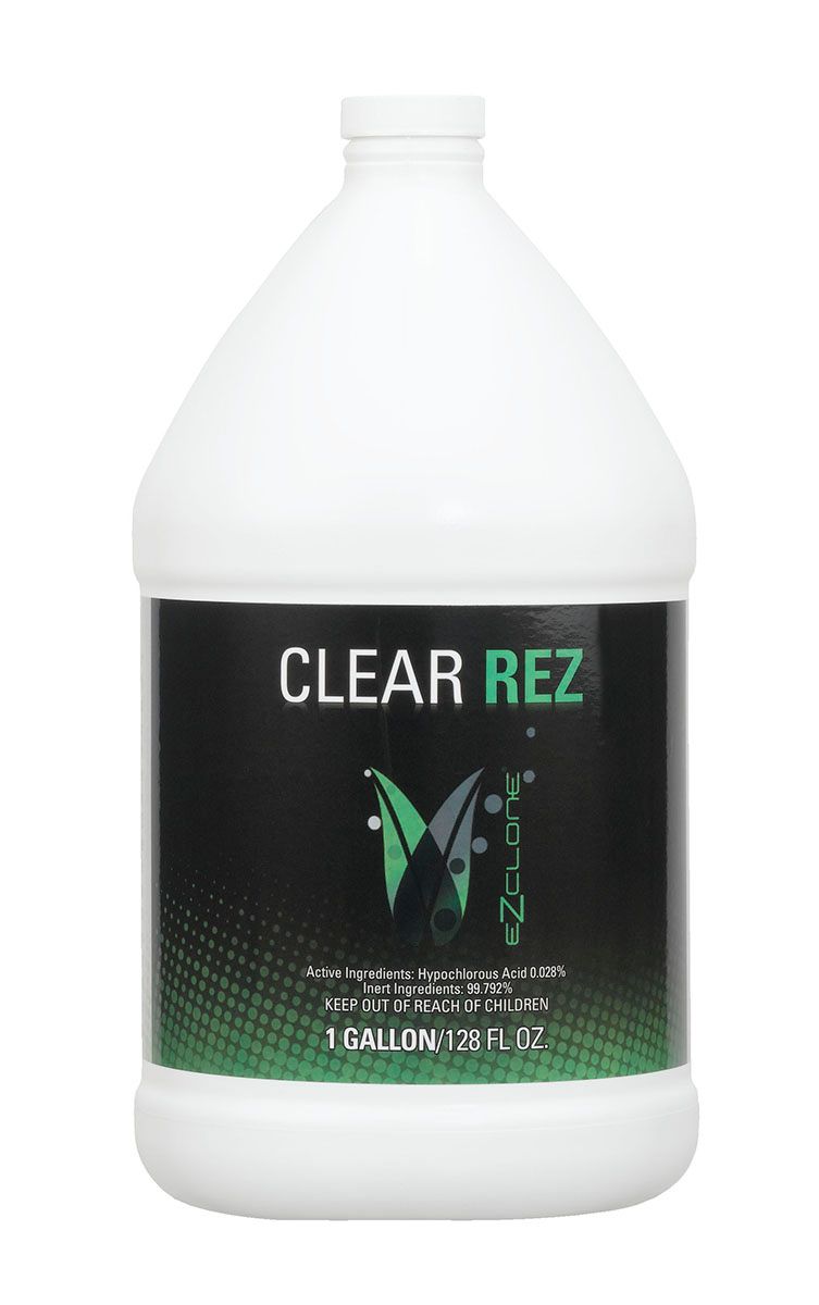 White plastic gallon jug labeled “CLEAR REZ” with a black-and-green label and butterfly logo