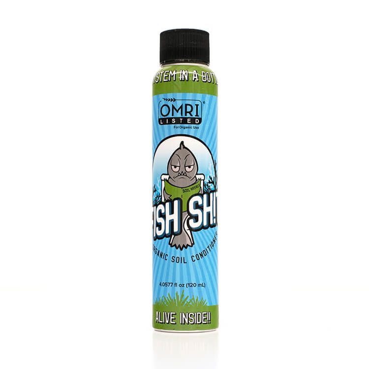 Blue OMRI-certified plant spray bottle with a cartoon logo and black cap
