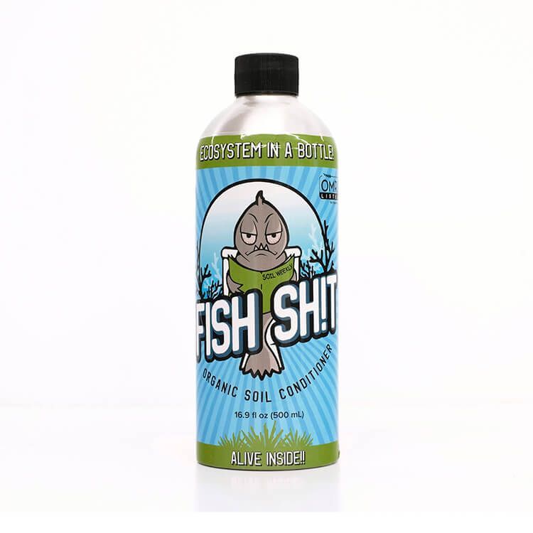 White bottle with black cap labeled “Fish Shit,” featuring a cartoon fish on a blue background.