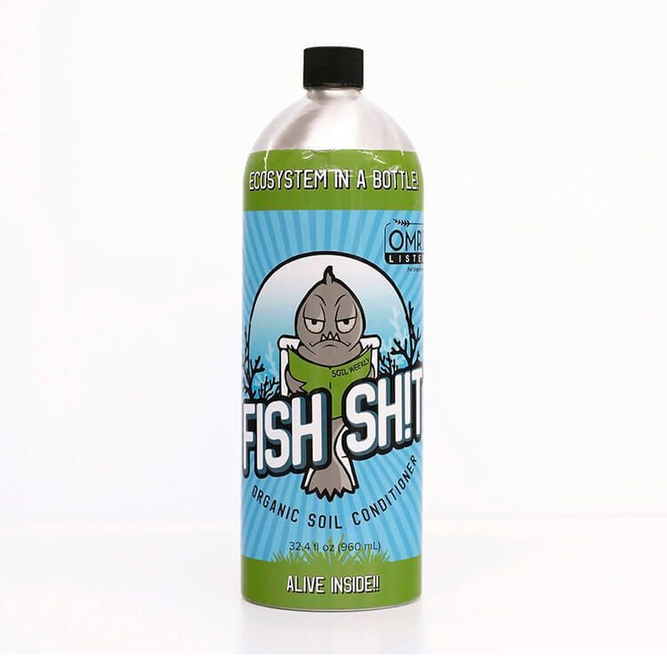 White bottle of Fish Sh!t organic soil food with a cartoon fish label and black cap