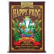 Happy Frog potting soil bag with a smiling frog, plants, and bold green-yellow label