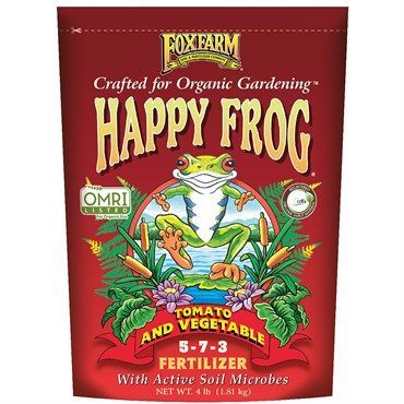Red Fox Farm Happy Frog organic tomato and vegetable fertilizer bag with a frog illustration