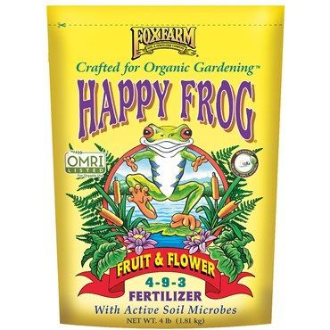 Yellow Happy Frog organic fruit and flower fertilizer bag with colorful frog illustration and green leaves