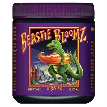 Purple jar of Beastie Bloomz plant fertilizer with a green dinosaur logo