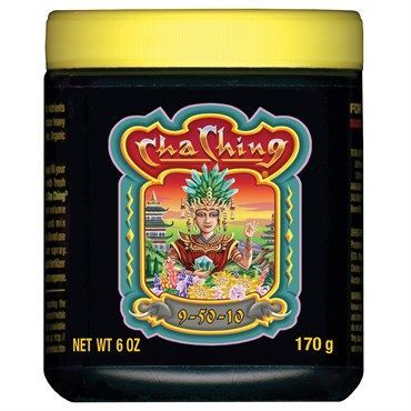 Jar of Cha Ching herbal supplement with yellow lid and black label, 170 g, featuring colorful illustration